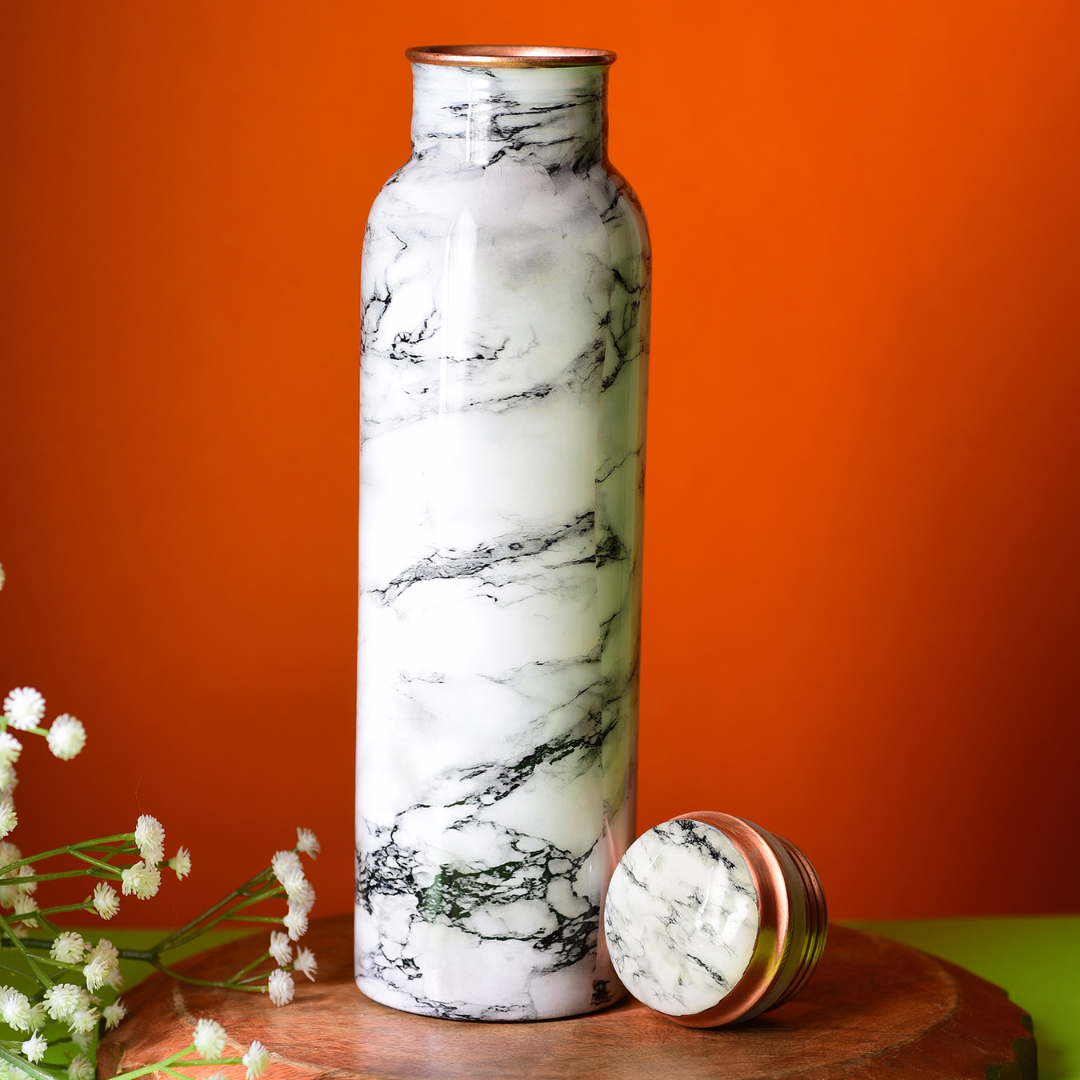 Copper Water Bottle 1 Litre - White Marble Printed