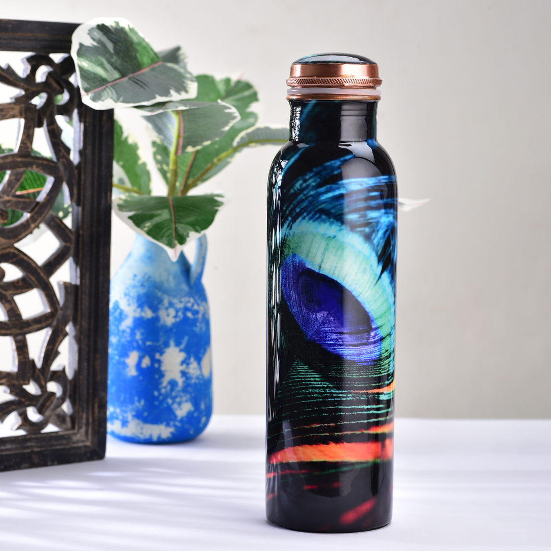 Copper Water Bottle 1 Litre - Mor Pankh Print