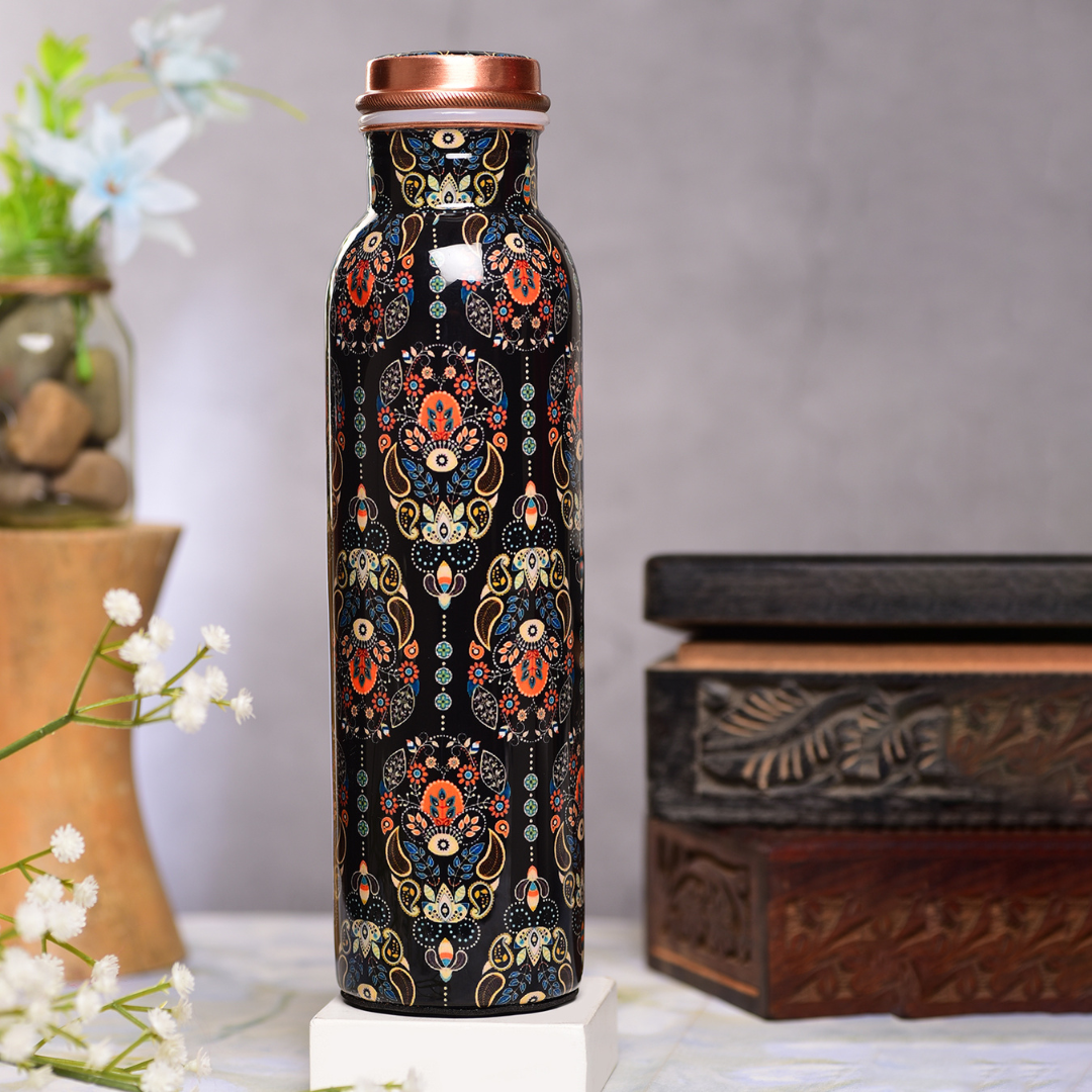 Copper Water Bottle 1 Litre - Printed Black