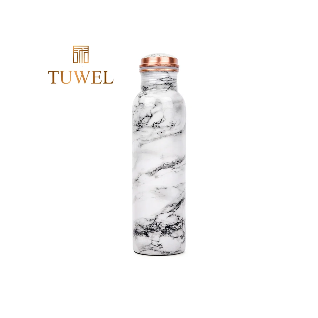 Copper Water Bottle 1 Litre - White Marble Printed