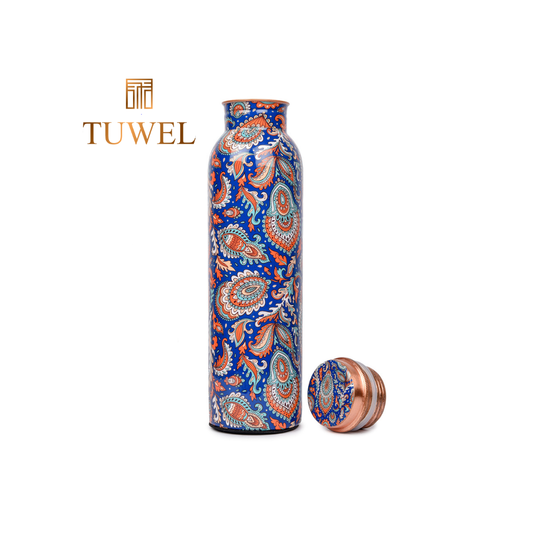 Copper Water Bottle 1 Litre - BLUE-ETHNIC