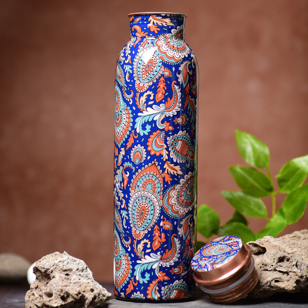 Copper Water Bottle 1 Litre - BLUE-ETHNIC